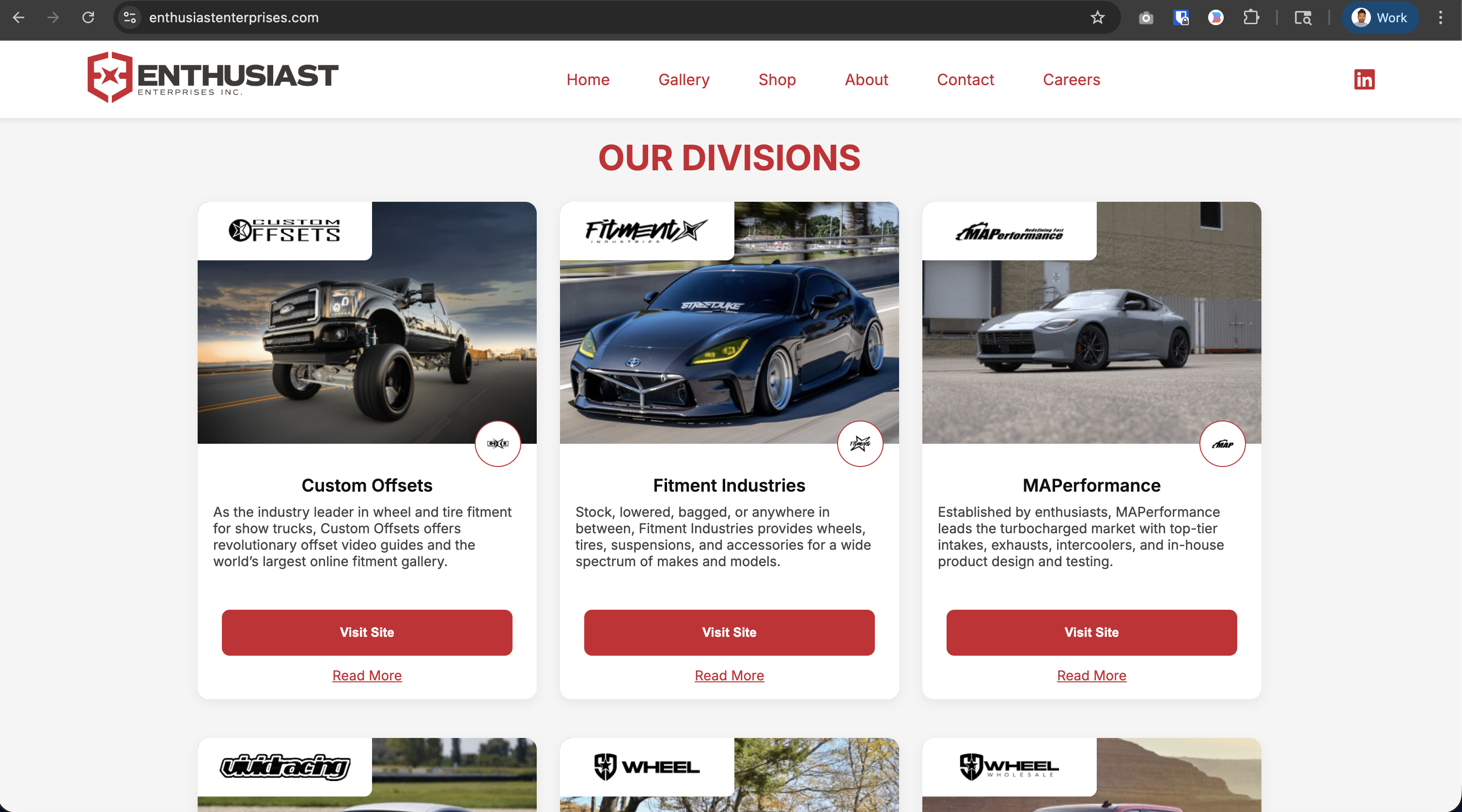 Our Divisions section — card grid showing Custom Offsets, Fitment Industries, MAPerformance and more with vehicle imagery and CTAs