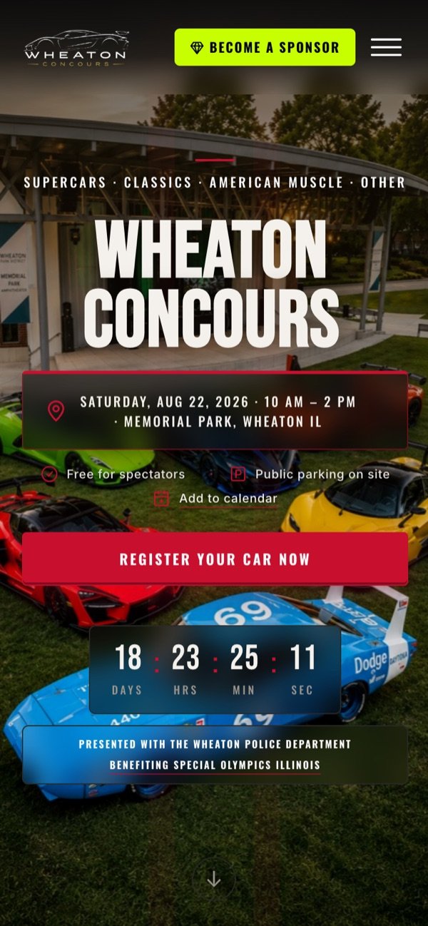 Wheaton Concours homepage mobile — responsive hero layout