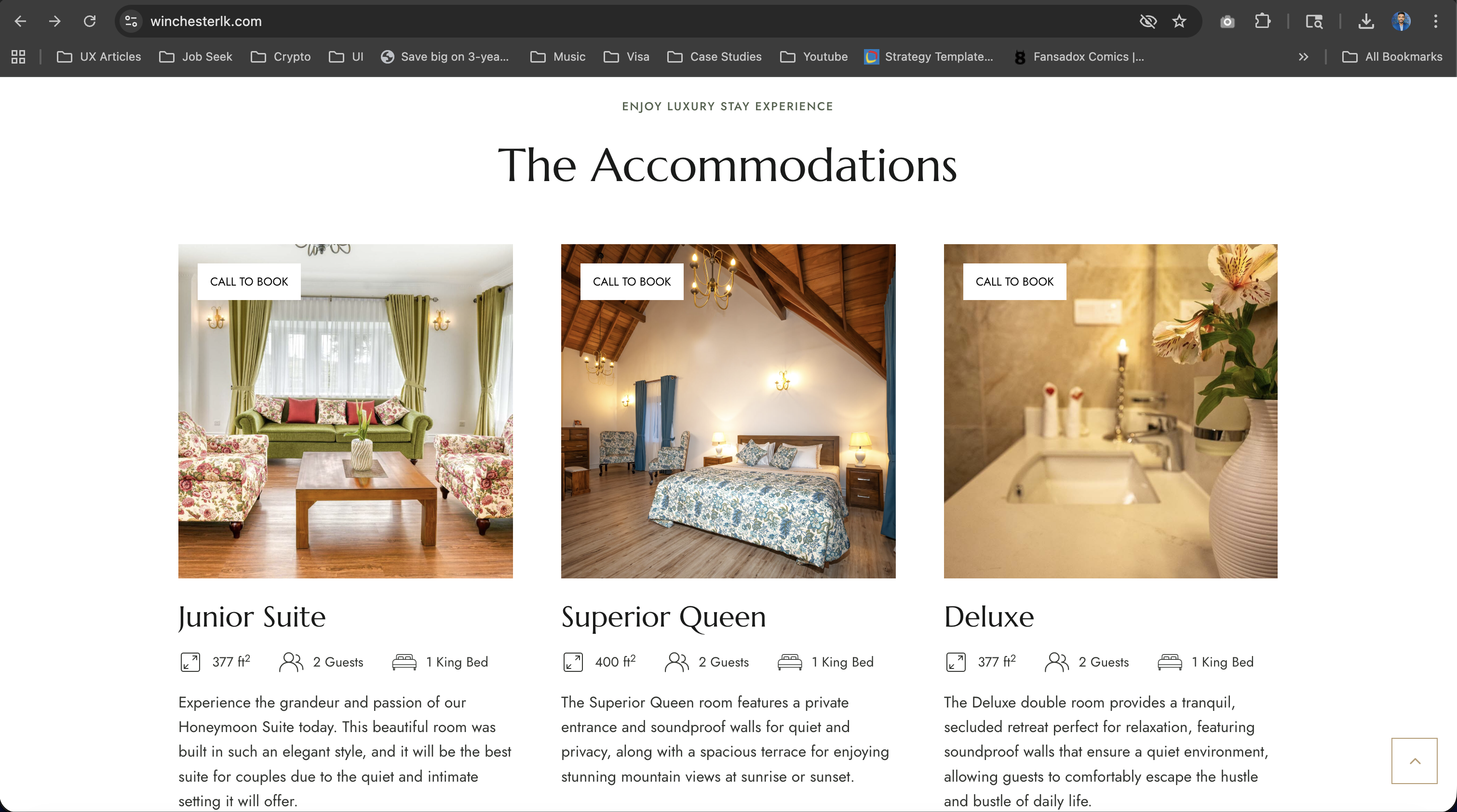 WinchesterLK Accommodations page — Junior Suite, Superior Queen, and Deluxe room cards with real photography and Call to Book CTAs